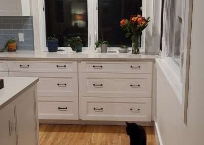A cozy kitchen corner featuring white drawers with black handles, a row of plants on the countertop, and a vase of flowers, with a black cat sitting on the floor.