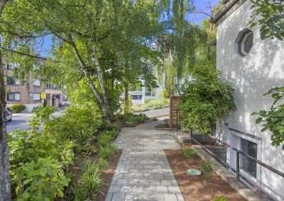A view of the sidewalk lined with trees and plants, leading to the entrance of the renovated home.