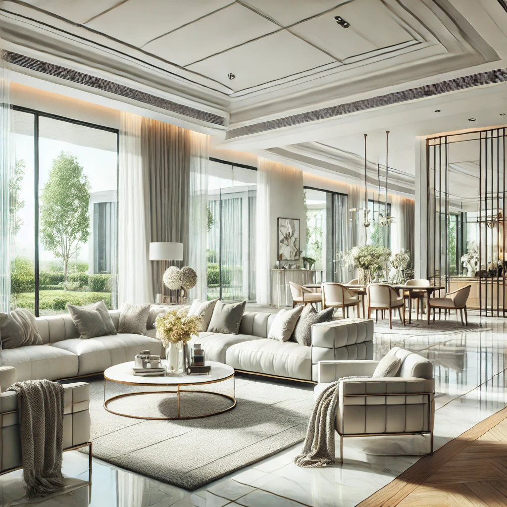 A luxurious open-concept living and dining area featuring high-end finishes, sophisticated decor, and a warm ambiance, reflecting superior craftsmanship and personalized service.