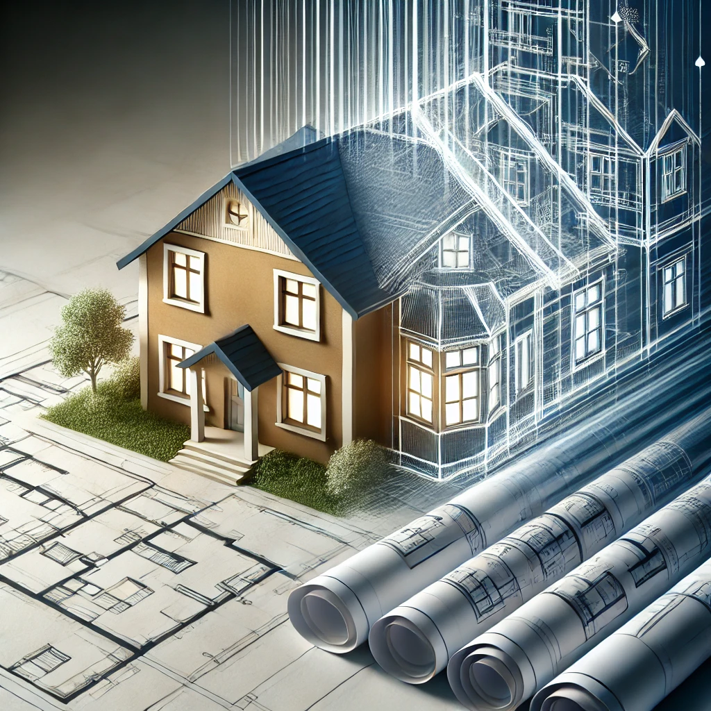 A symbolic image depicting the transformation of blueprints into a beautifully designed home, representing the journey of home remodeling and construction from concept to completion.