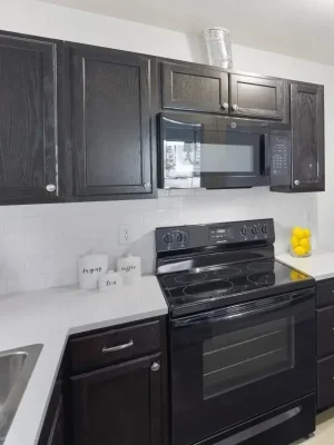 Kitchen remodel Seattle: Modern design featuring dark wood cabinetry, black appliances, and white quartz countertops.