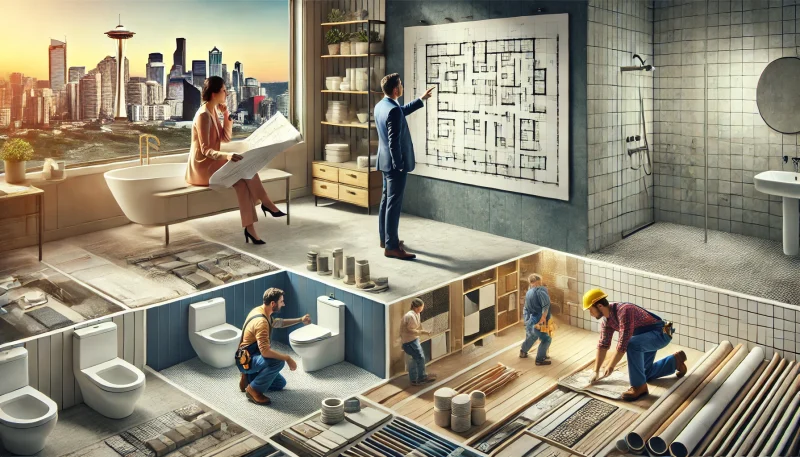 A stylish bathroom with patterned floor tiles, a glass shower, white fixtures, and grey subway tiles