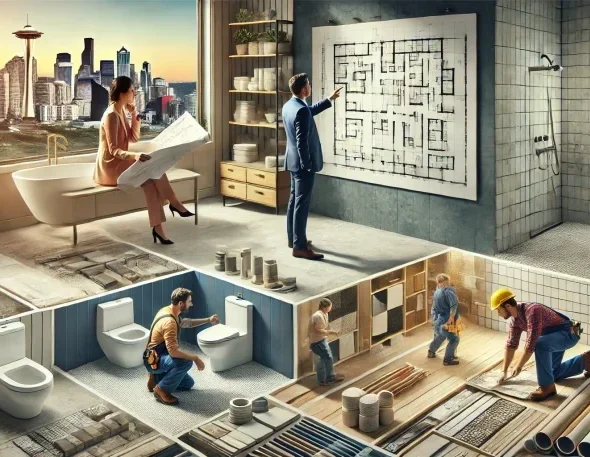 A stylish bathroom with patterned floor tiles, a glass shower, white fixtures, and grey subway tiles