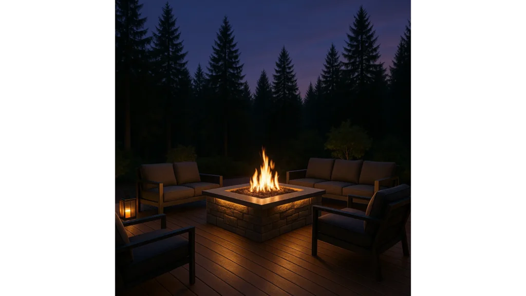 Built-in gas fire pit and seating on a custom deck surrounded by lanterns and evergreen trees at dusk in Seattle