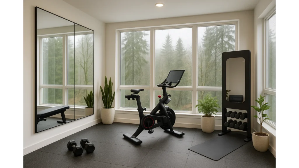 Bright Seattle home gym with smart equipment, rubber flooring, and natural light from large windows
