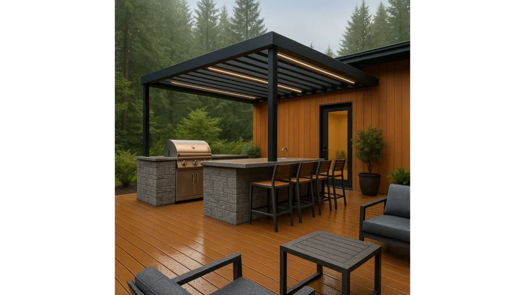 Stainless-steel outdoor kitchen with grill and stone countertop built into a cedar deck under a pergola in Seattle