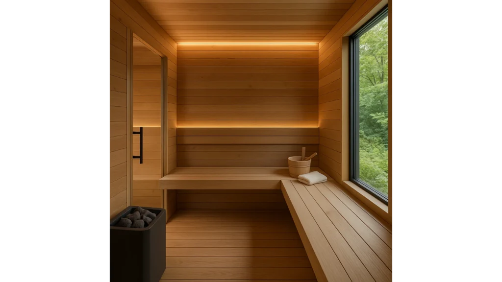 Modern home sauna with cedar wood interior and large window overlooking greenery in Seattle