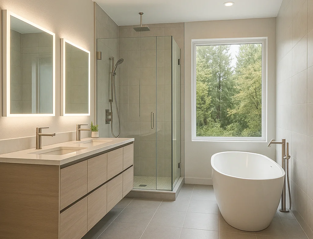 Luxurious Seattle bathroom with frameless steam shower, heated tile floor, and freestanding tub