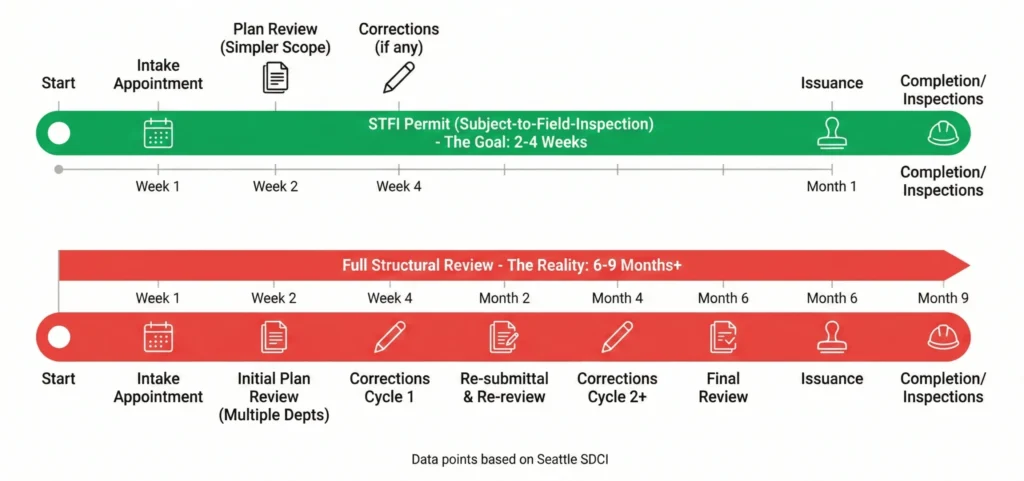 The Hidden Costs of Remodeling in Seattle 2 Infographic illustrating the significant time difference between obtaining a Subject to Field Inspection (STFI) permit versus a full structural review in Seattle.