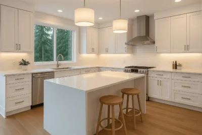 Bright-Seattle-Kitchen-with-Quartz-Island Modern kitchen remodel with dark cabinets, white countertops, and stainless steel appliances in a Seattle home.