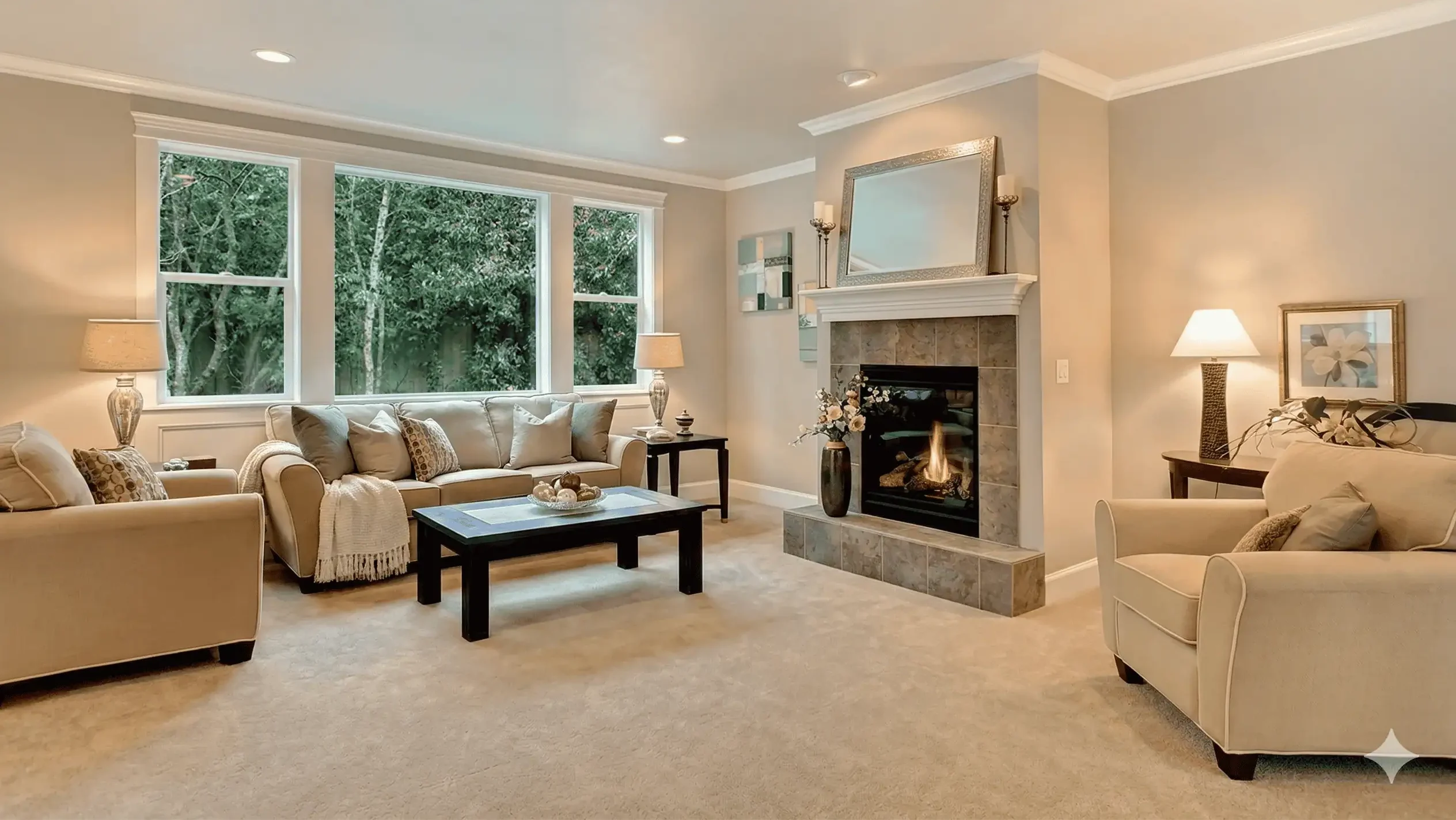 Seattle Carpet Flooring Remodel Guest Suite Transformation Modern Seattle guest suite transformation featuring premium plush carpeting and architectural black-framed windows with native Pacific Northwest views.