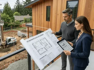 Bellevue 77 Contractor and homeowner reviewing site plans above a home under construction