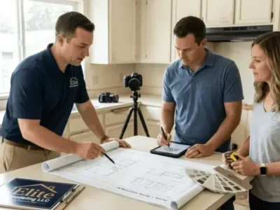 Bellevue 78 Design team reviewing plans and finish samples with a homeowner in a kitchen
