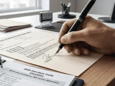 Bellevue 79 Hand signing a building permit application at a desk