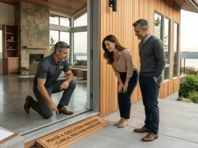 Bellevue 80 Project lead showing a finished entryway to two homeowners